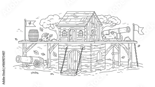 Pirate wooden house with cannons and flags on stilts