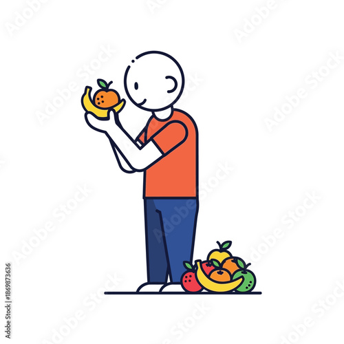 A person holding and examining fresh fruit in a simple illustration style