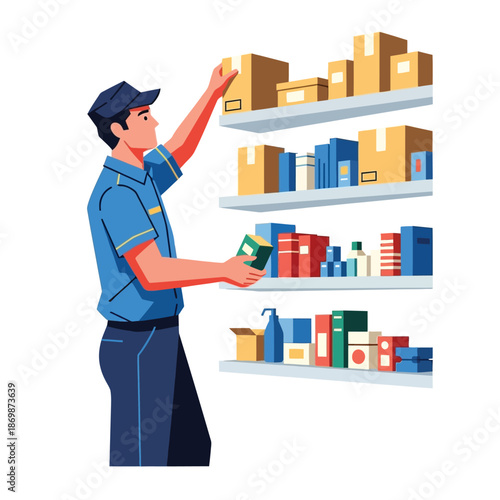 A delivery man checking packages on a shelf in a warehouse from a side viewpoint