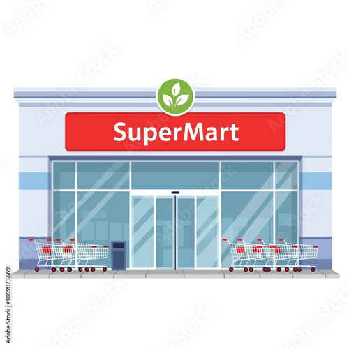Illustration of a supermarket entrance with shopping carts outside the glass doors