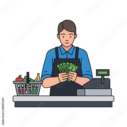 Cashier holding money at the checkout counter with a basket of groceries