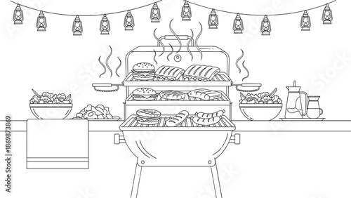 Outdoor barbecue grill with sizzling burgers and steaks on a festive table setting