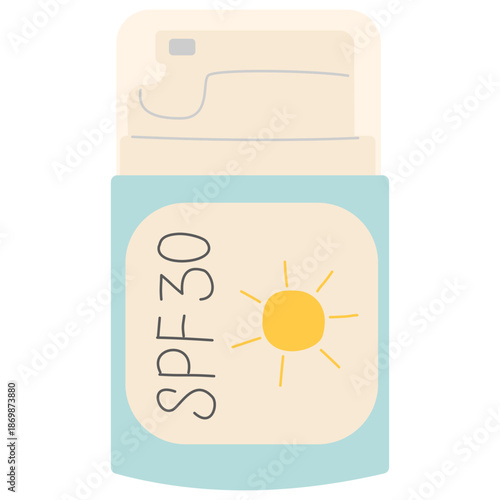 Sunscreen spray bottle with SPF 30 and sun icon. Cosmetic sun protection product for summer skin care. Modern flat design with hand drawn element perfect for infographics, health blogs and social medi