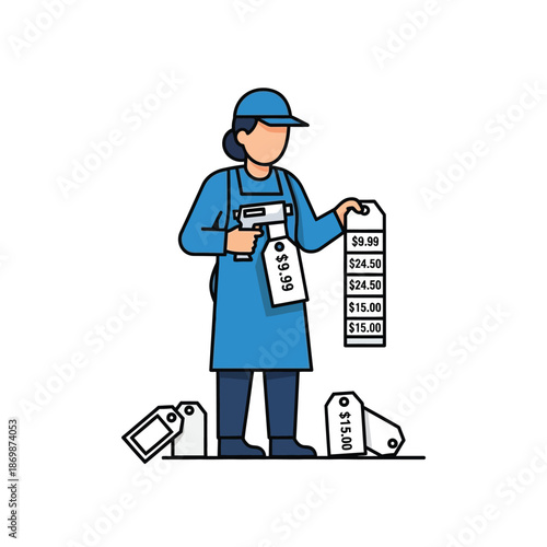 A store clerk standing holding receipts and a credit card reader in a retail environment