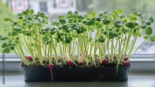 A tray of sprouting green leafy vegetables, likely in a kitchen or greenhouse setting.