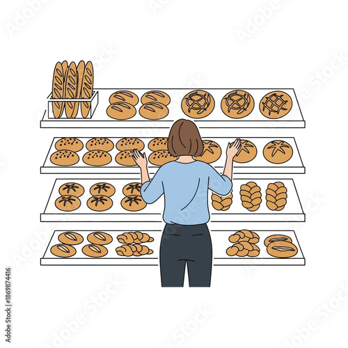 A woman standing in front of a bakery shelf displaying various pastries and bread