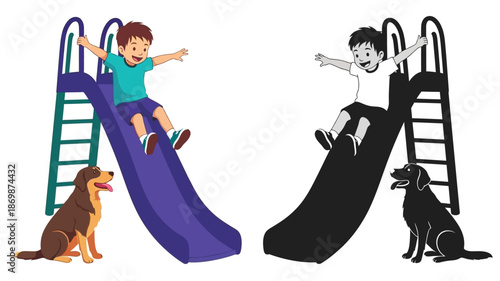 Two boys enjoying a colorful playground slide with playful dogs below
