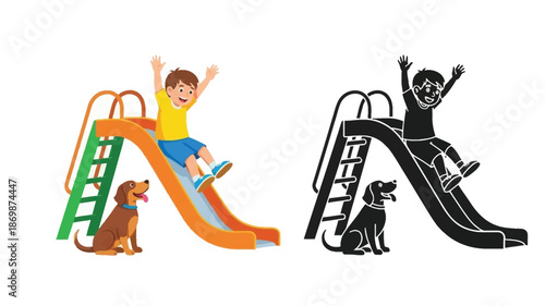 A joyful boy slides down a vibrant playground slide with his canine friend