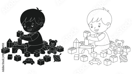 Two young boys playing with building blocks and toys in a simple style
