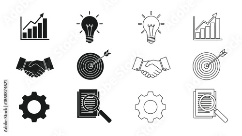 Business icons depicting growth ideas agreements and strategic analysis concepts