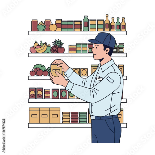 A man in uniform examining a carton of eggs in a grocery store with various products on shelves