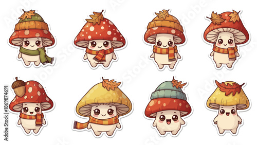 Cute Cartoon Mushroom Characters with Scarves and Hats Isolated on White Background