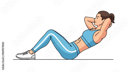 Woman Doing Crunches on Floor in Blue Sportswear Isolated on White