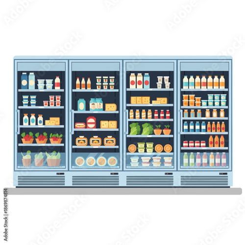 Refrigerator shelves stocked with various food and beverages viewed from the front