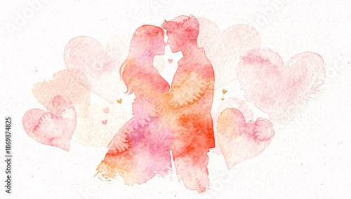 watercolor hand-painted hearts and a couple shiluete