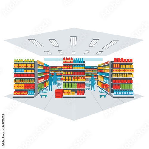 Aerial view of a supermarket with colorful shelves and shopping carts
