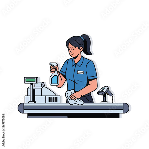 A woman in a blue uniform is sanitizing a surface at a checkout counter with a cash register and scanner.