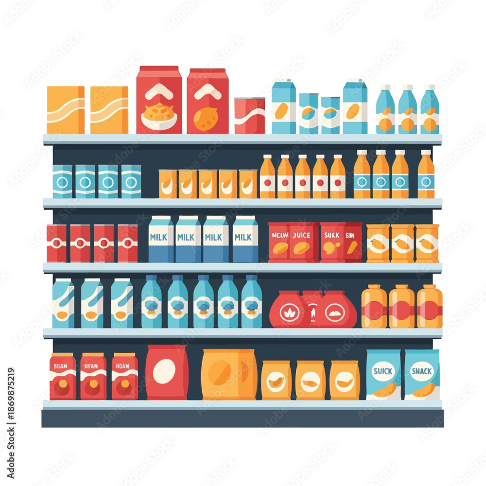 Fototapeta premium Grocery products on multiple shelves in a supermarket