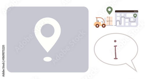 Logistics, delivery services, supply chain, navigation, location management, transportation. Map pin with forklift, building route map. Logistics and delivery services with icons
