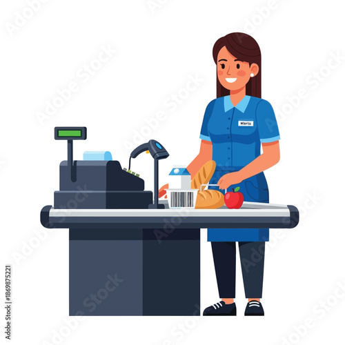 A smiling female cashier scanning grocery items at a supermarket checkout counter