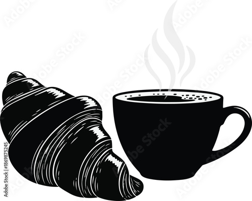 Black and White Vector Illustration of a Croissant and Hot Coffee Cup with Steam
