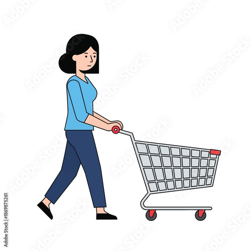Woman Pushing Shopping Cart Illustration