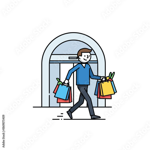 Man walking out of an archway with shopping bags in hand