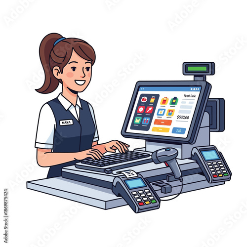 A cashier operating a point-of-sale system with a friendly smile in a retail environment