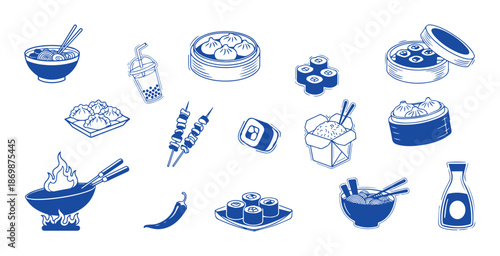 Asian Street Food Icons Set – Dumplings, Noodles, Sushi, Wok and Bubble Tea | Blue Asian Food Vector Pack with Dim Sum, Rice Box, Skewers and Soy Sauce