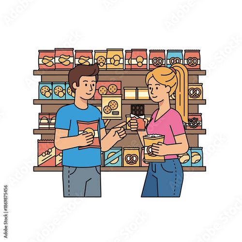 Couple shopping together in a grocery store, examining food products on the shelves.