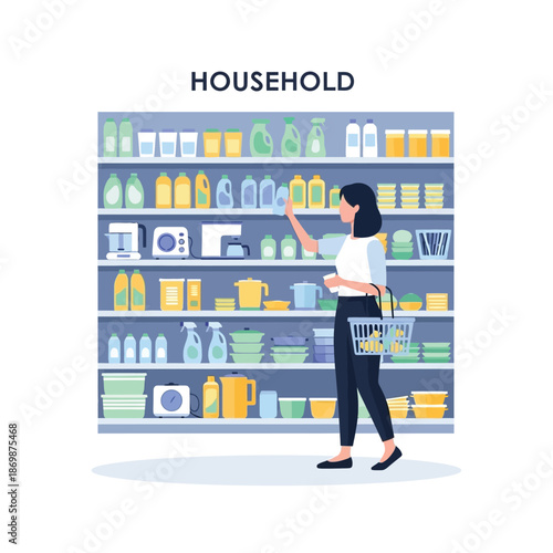 Woman shopping for household items in a supermarket aisle