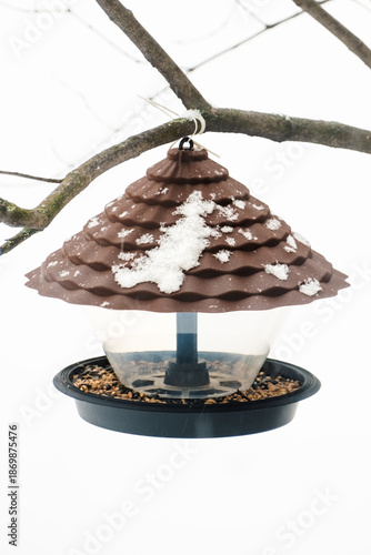 A plastic bird feeder with seeds and bird food hangs from a tree. Caring for birds in winter