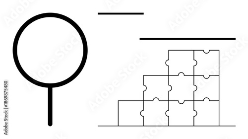 Problem solving. Magnifying glass highlights details and a pyramid of puzzle pieces solutions and teamwork. Problem solving involves inspection and strategy. For analysis, strategy, teamwork