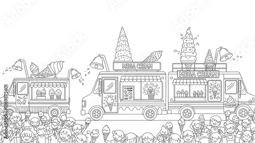 Happy children enjoying ice cream from colorful trucks