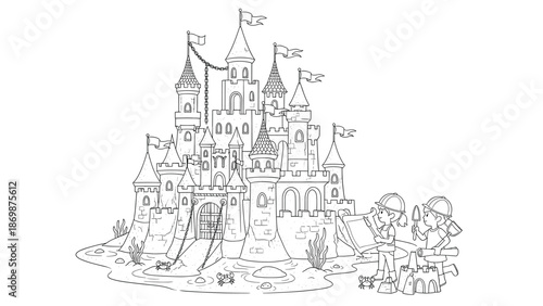 Medieval castle with two workers building sandcastle nearby