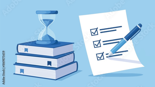 Business Education Concept With Stacked Books, Hourglass, Checklist, and Pen