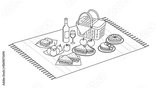 Delicious outdoor picnic setup with sandwiches, fruits, and wine on a blanket