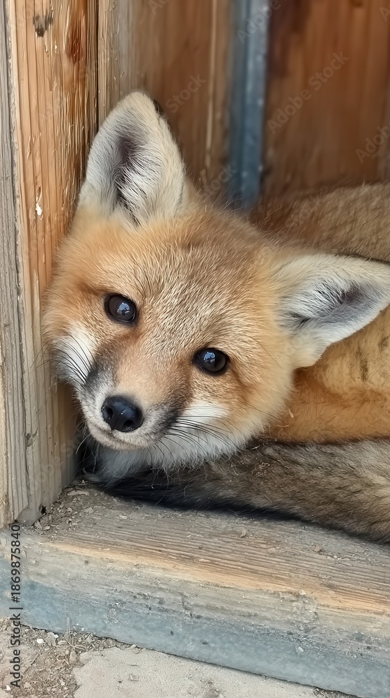 Obraz premium baby fox calm expression in safe enclosure, conservation theme