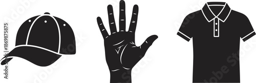 Black and white silhouette of a baseball cap a hand and a polo shirt