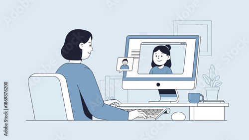 A woman working on a computer during a video call in a serene office environment viewed from behind