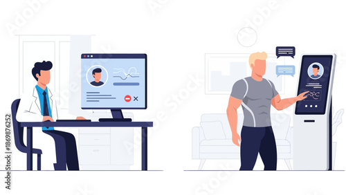 A doctor analyzing a patient's profile on a computer screen while a man interacts with a vending machine nearby in a modern setting