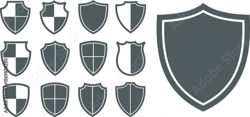 Collection of shields with various designs and patterns