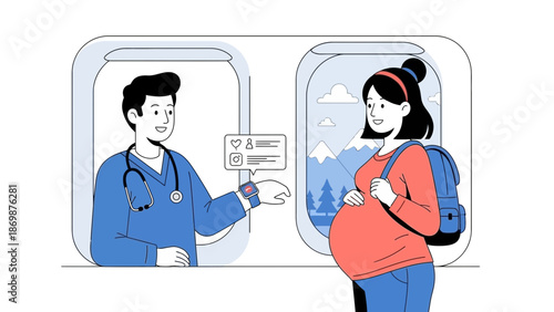 Doctor consulting with pregnant woman through digital window with landscape background