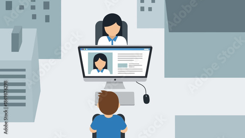 A man participates in a video conference with a woman on his computer in an office setting