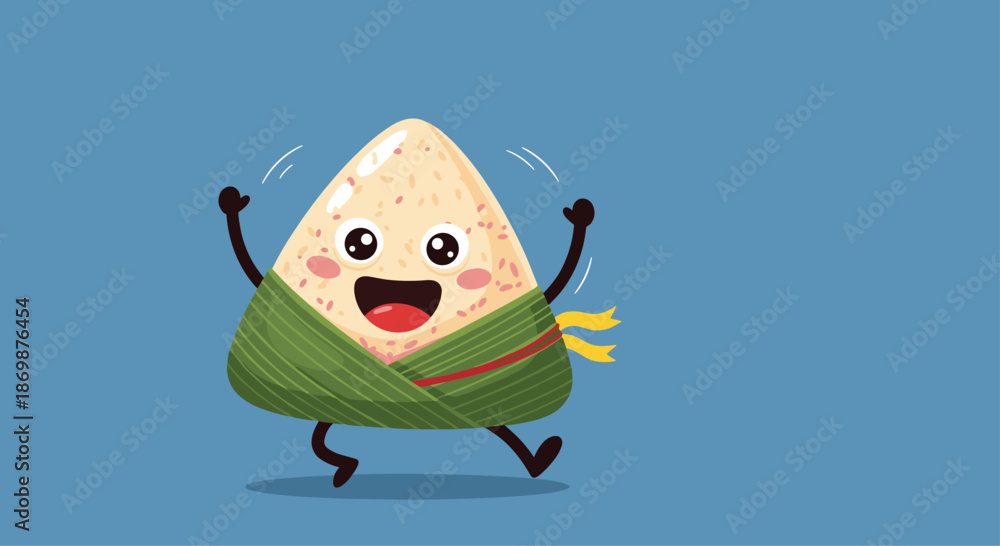 Obraz premium Dancing cartoon rice dumpling zongzi character with a happy face celebrating the traditional dragon boat festival on a solid blue background.