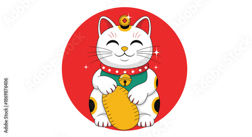 Traditional japanese maneki-neko lucky cat figurine sitting in a red circle holding a gold coin for attracting wealth and prosperity in business.
