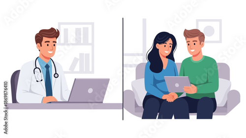 Doctor consulting with couple in a waiting room