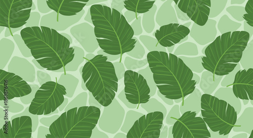 Lush tropical foliage seamless pattern featuring large green banana leaves over a soft green organic background for summer beach and jungle themes.