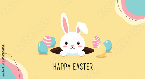 Happy easter greeting banner featuring a cute white rabbit peeking out from a hole surrounded by colorful decorated eggs and abstract shapes.