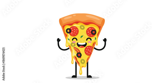 Joyful cartoon pizza slice character with melting cheese pepperoni and olives celebrating with raised hands on a simple white background design.